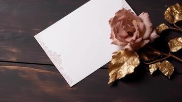 Top View of Blank White Paper with Beautiful Rose Flower, GOlden Leaves on Brown Wooden Texture Background for Love or Wedding Card Design. . photo