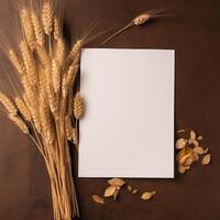 Top View of Blank White Paper with Golden Wheat Branch on Shiny Brown Background. Vintage Delicate Business or Wedding Card Design. Generative AI. photo