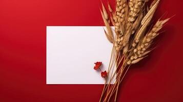 Top View of Blank White Paper with Golden Reeds Branch on Shiny Red Background and Placement. Vintage Delicate Business or Wedding Card Design. Generative AI. photo