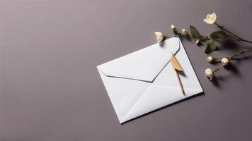 Top View of White Greeting Card Envelope with Beige Flowers Branch on Grey Background and Copy Space. . photo