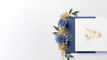 Top View of Blue and Golden Elegance Flower Delicate Paper for Spring, Wedding Card Design and Space for Your Message. Illustration. photo