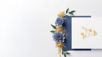 parte superior ver de azul y dorado elegancia flor delicado papel para primavera, Boda tarjeta diseño y espacio para tu mensaje. generativo ai ilustración. foto