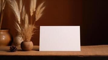 Blank White Invitation Card Mockup with Dried Grass Pots Decorations on Brown Background. . photo