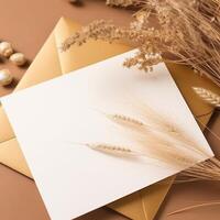 White Blank Invitation Card with Golden Floral Embossing Mockup, Pampas Grass. Generative AI. photo