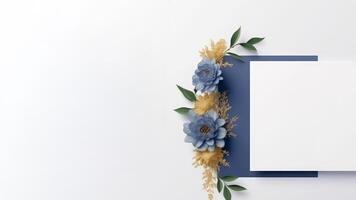 parte superior ver de azul y dorado elegancia flor delicado papel para primavera, Boda tarjeta diseño y espacio para tu mensaje. generativo ai ilustración. foto