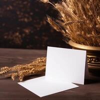 blanco blanco invitación tarjeta con dorado seco trigo césped florero Bosquejo, generativo ai. foto