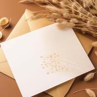 White Blank Invitation Card with Golden Floral Embossing Mockup, Pampas Grass. . photo