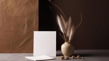 Blank White Invitation Card Mockup with Dried Pampas Grass Pot Decoration. . photo