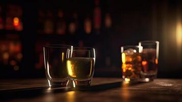 Cold Scotch, Whiskey Glasses on Dark Wooden Background. Technology. . photo