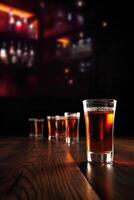 Cold Beer Glasses on Wooden Table. Blurred Interior of Pub at the Background. Generative AI. photo