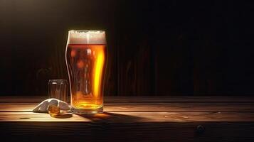 Glass of Cold Beer on Wooden Table, Dark Background. . photo