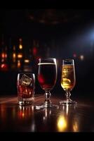 Tres tipos lentes de frío alcohólico en de madera mesa. borroso interior de pub a el antecedentes. generativo ai. foto