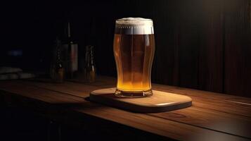 Bottle and Glass of Cold Beer on Rustic Wooden Table, Dark Background. . photo