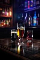 Tres tipos lentes de frío alcohólico en de madera mesa. borroso interior de pub a el antecedentes. generativo ai. foto