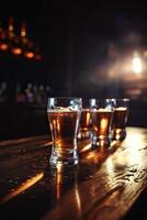 Cold Beer or Whisky Glasses with Condensation on Wooden Table. Blurred Interior of Pub at the Background. Generative AI. photo