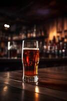 Cold Beer Glass on Wooden Table. Blurred Interior of Pub at the Background. Generative AI. photo