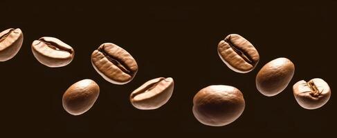 Closeup View of Dark Brown Roasted Coffee Beans Flying. . photo