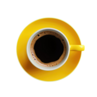 Overhead View of Black Tea or Coffee Cup with Yellow Saucer on Transparent Background.  3D Render. png