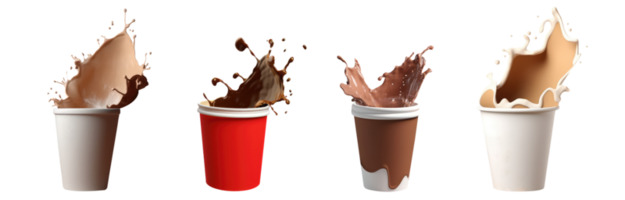 uppsättning av utsökt choklad eller kaffe stänk förfogande glas på transparent bakgrund. 3d framställa. png