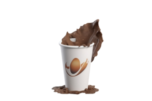 aislado delicioso Leche chocolate o café salpicaduras disposición vaso icono en transparente antecedentes. 3d prestar. png
