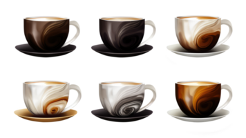 Coffee Cup Assortment with Different Print Collection Isolated on Transparent Background. 3D Render. png