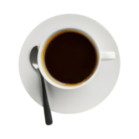 gastos generales ver de negro té o café taza con cuchara y blanco platillo en transparente antecedentes. 3d prestar. png