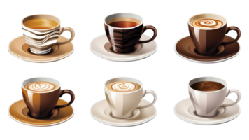 caffè tazza assortimento con forma cartello e Stampa collezione isolato su trasparente sfondo. 3d rendere. png