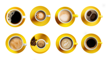 Overhead View of Coffee Cup Assortment with Shape Sign Collection Isolated on Transparen Background. 3D Render. png