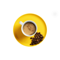 Overhead Aussicht von heiß Kaffee Tasse mit Saat beim Gelb Untertasse auf transparent Hintergrund. 3d machen. png