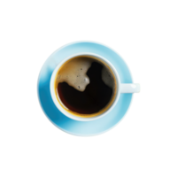 Overhead Aussicht von schwarz Tee oder Kaffee Tasse mit Blau Untertasse auf transparent Hintergrund. 3d machen. png