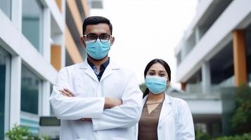 Young Male and Female Medical Professionals Wearing Masks at Hospital Outside, . photo