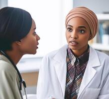 Cropped Image of African Female Physicians Discussing Each Other at Workplace in Hospital. . photo