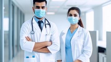 Young Male and Female Doctor Wearing Masks While Standing Together in Hallway of Hospital, . photo