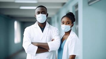 African Young Male and Female Medical Professionals Wearing Masks in Corridor of Hospital, Generative AI. photo