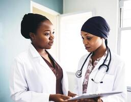 Cropped Image of African Female Doctors Discussing Each Other in Hospital or Clinic, . photo