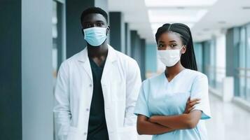 African Young Male and Female Medical Professionals Wearing Masks in Corridor of Hospital, Generative AI. photo