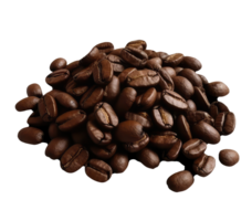 braun geröstet Kaffee Bohnen Haufen, Nahansicht auf transparent Hintergrund. generativ ai. png