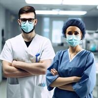 Portrait of Male and Female Doctor Standing in the Hospital Corridor, . photo