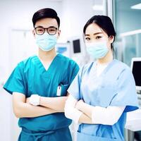 retrato de profesional medicos, asiático masculino y hembra vistiendo máscara mientras en pie en el hospital, generativo ai. foto