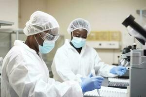 de cerca retrato de africano masculino y hembra científicos investigando y aprendizaje en un laboratorio, generativo ai. foto