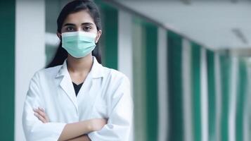 Closeup Portrait of Female Doctor Wearing Mask While Standing in the Hospital Corridor, . photo