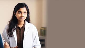 Cropped Image of Female Medical Professional on Pastel Brown Background, . photo