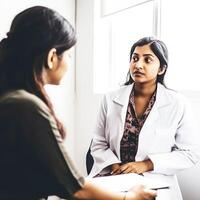 recortado imagen de hembra médico y paciente sentado a lugar de trabajo en hospital o clínica. generativo ai. foto