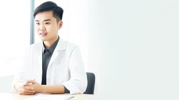 recortado imagen de asiático masculino médico sentado a lugar de trabajo en hospital, generativo ai. foto