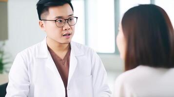 de cerca retrato de asiático masculino médico hablando con hembra colega en hospital pasillo, generativo ai. foto