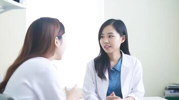 de cerca retrato de asiático hembra doctores hablando cada otro a lugar de trabajo en hospital, generativo ai. foto