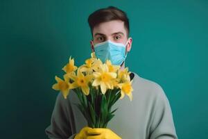 Closeup Portrait of Young Man Wearing Mask and Holding Yellow Daffodil Bouquet, . photo