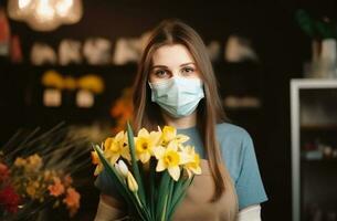 Closeup Portrait of Female Florist Wearing Mask and Holding Daffodil Bouquet in Her Floral Shop, Generative AI. photo