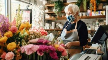 Closeup Portrait of Elderly Female Florist Wearing Mask During Work in Her Floral Shop, Generative AI. photo