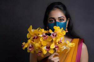 de cerca retrato de moderno indio joven mujer vistiendo sari, protector máscara y participación orquídea ramo, generativo ai. foto